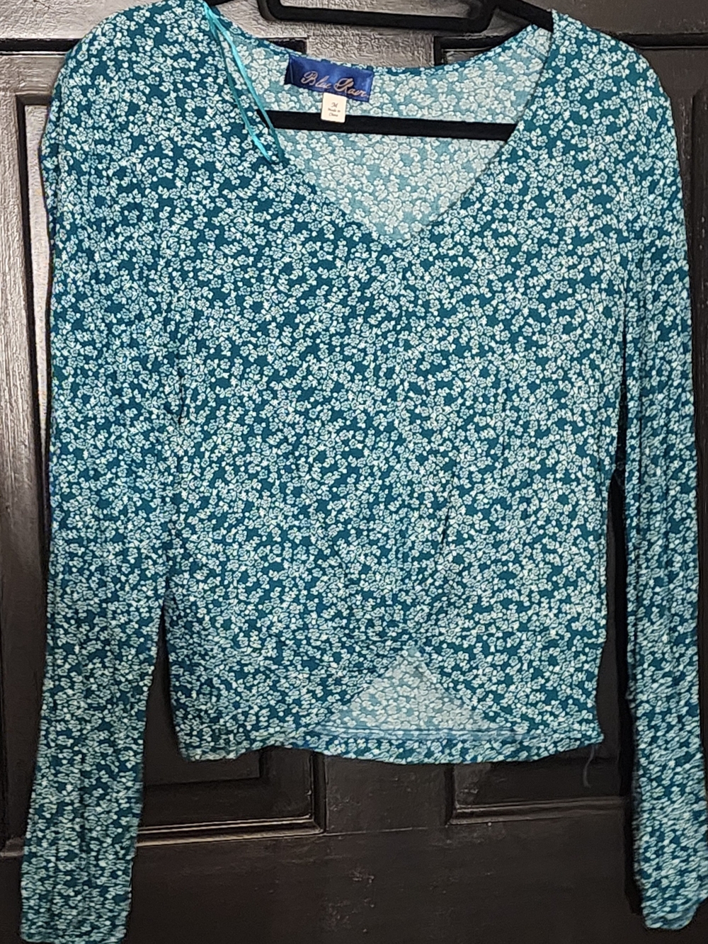 Blue Rain Teal and Light Blue Floral V-Neck Long Sleeve Top